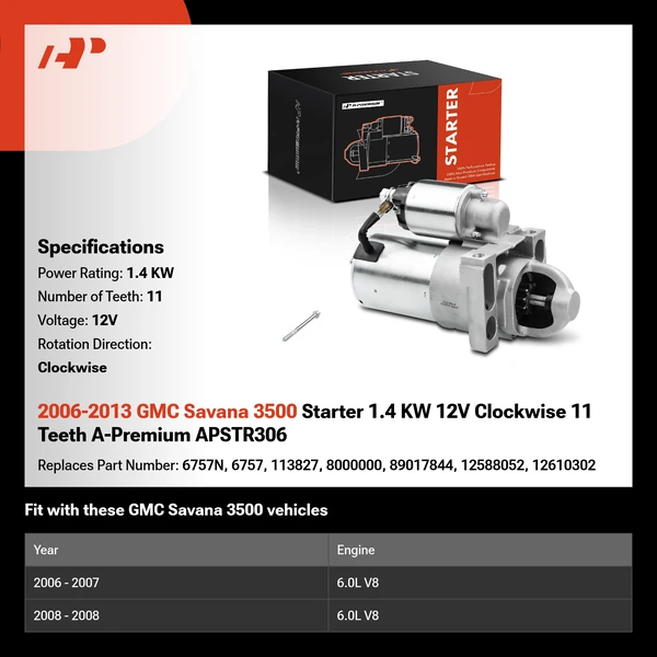 2006-2013 GMC Savana 3500 Starter 1.4 KW 12V Clockwise 11 Teeth A-Premium APSTR306
