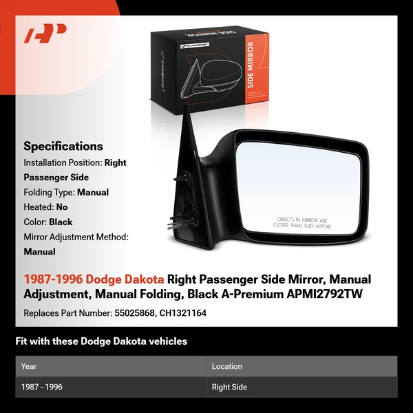 1987-1996 Dodge Dakota Right Passenger Side Mirror, Manual Adjustment, Manual Folding, Black A-Premium APMI2792TW