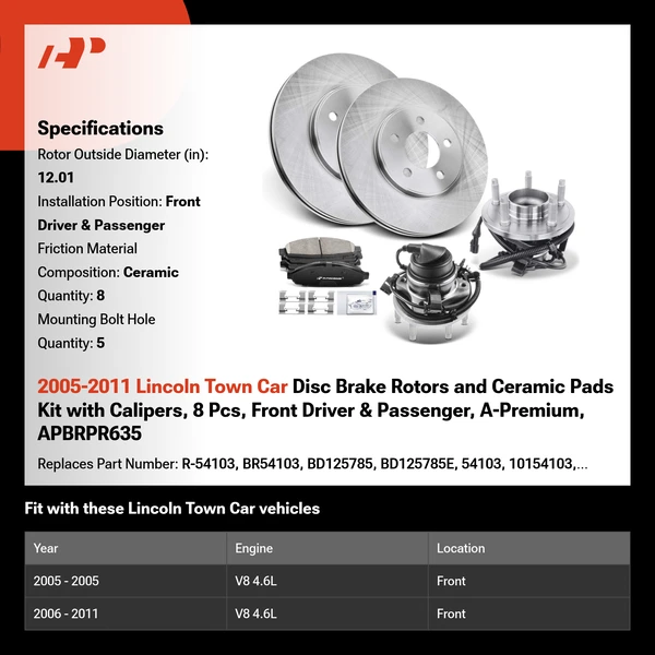 2005-2011 Lincoln Town Car Disc Brake Rotors and Ceramic Pads Kit with Calipers, 8 Pcs, Front Driver & Passenger, A-Premium, APBRPR635