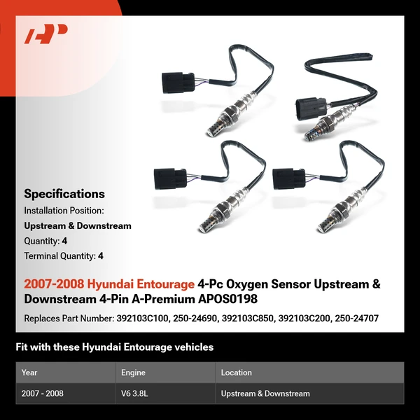 2007-2008 Hyundai Entourage 4-Pc Oxygen Sensor Upstream & Downstream 4-Pin A-Premium APOS0198