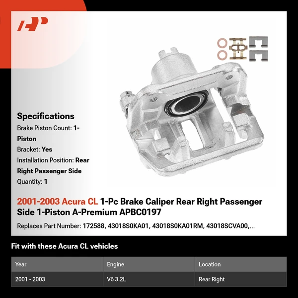 2001-2003 Acura CL 1-Pc Brake Caliper Rear Right Passenger Side 1-Piston A-Premium APBC0197