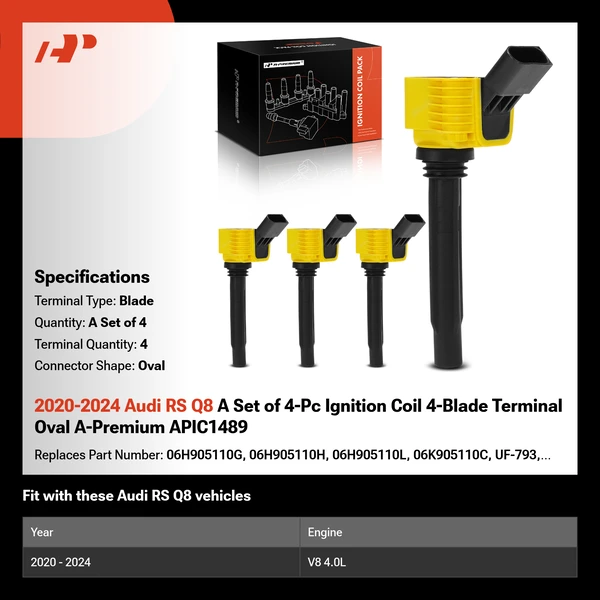 2020-2024 Audi RS Q8 A Set of 4-Pc Ignition Coil 4-Blade Terminal Oval A-Premium APIC1489