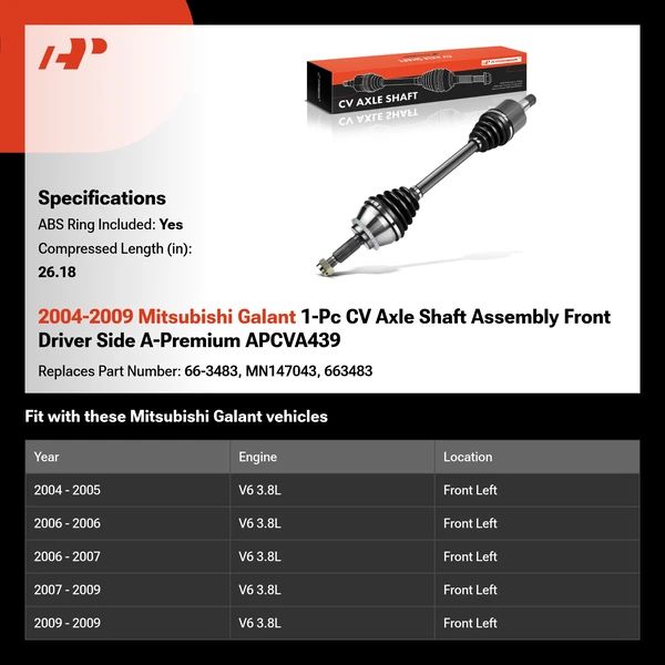2004-2009 Mitsubishi Galant 1-Pc CV Axle Shaft Assembly Front Driver Side A-Premium APCVA439