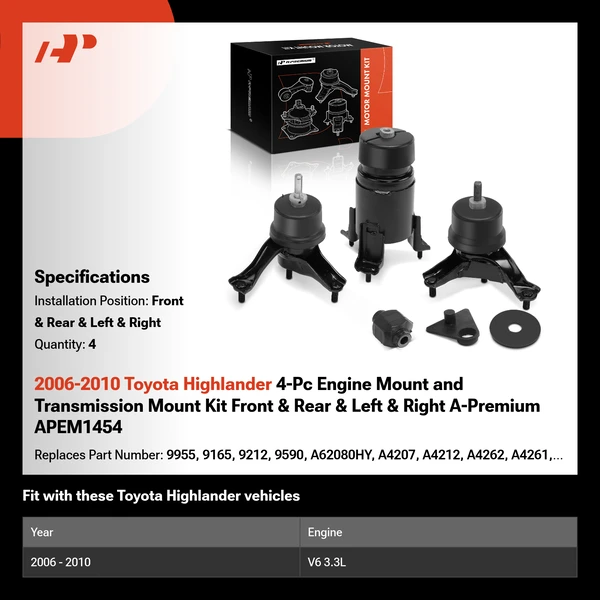 2006-2010 Toyota Highlander 4-Pc Engine Mount and Transmission Mount Kit Front & Rear & Left & Right A-Premium APEM1454