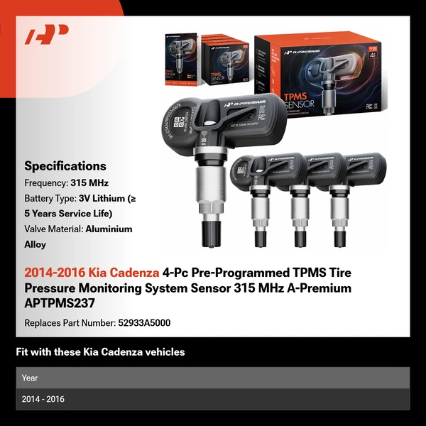 2014-2016 Kia Cadenza 4-Pc Pre-Programmed TPMS Tire Pressure Monitoring System Sensor 315 MHz A-Premium APTPMS237