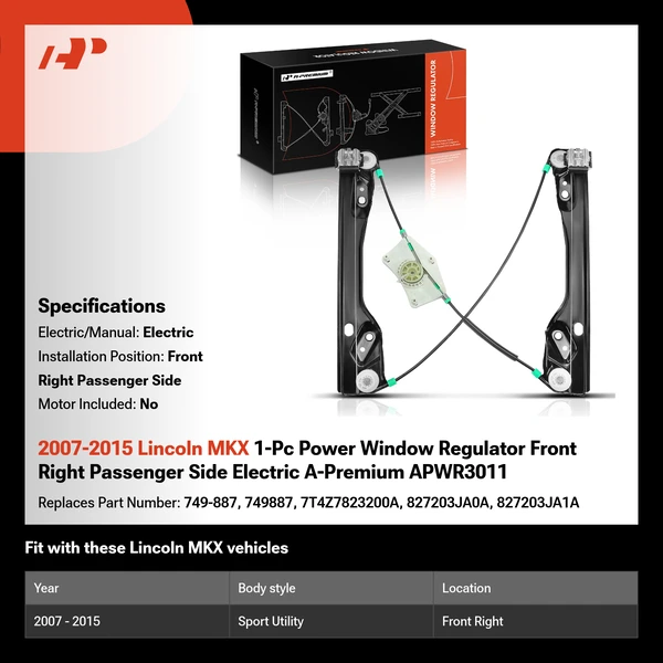 2007-2015 Lincoln MKX 1-Pc Power Window Regulator Front Right Passenger Side Electric A-Premium APWR3011