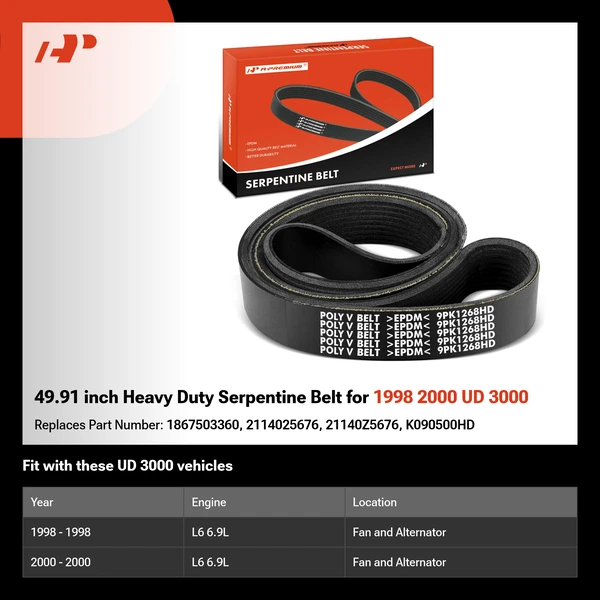 49.91 inch Heavy Duty Serpentine Belt for 1998 2000 UD 3000