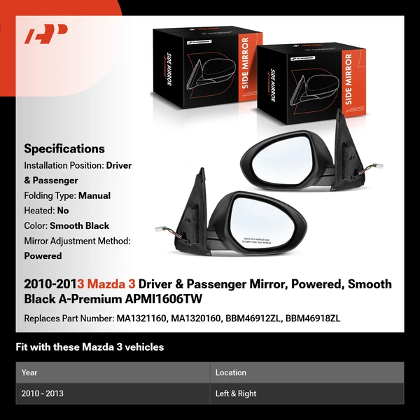 2010-2013 Mazda 3 Driver & Passenger Mirror, Powered, Smooth Black A-Premium APMI1606TW