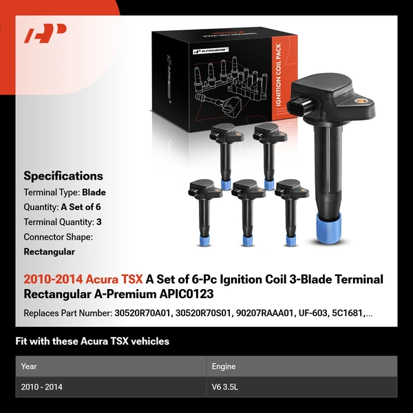 2010-2014 Acura TSX A Set of 6-Pc Ignition Coil 3-Blade Terminal Rectangular A-Premium APIC0123