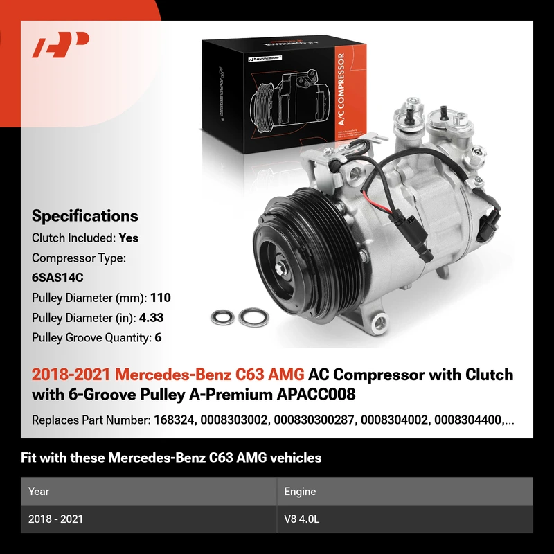 2018-2021 Mercedes-Benz C63 AMG AC Compressor with Clutch with 6-Groove Pulley A-Premium APACC008