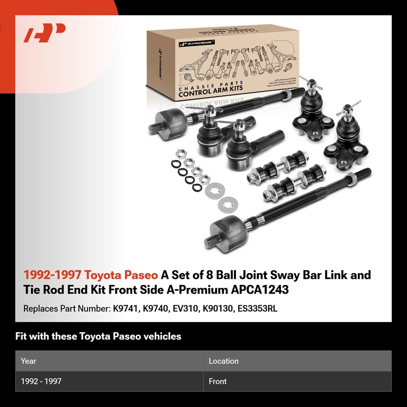 1992-1997 Toyota Paseo A Set of 8 Ball Joint Sway Bar Link and Tie Rod End Kit Front Side A-Premium APCA1243