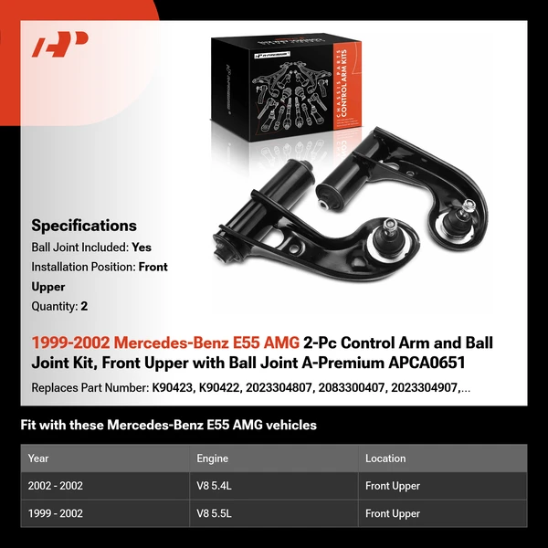 1999-2002 Mercedes-Benz E55 AMG 2-Pc Control Arm and Ball Joint Kit, Front Upper with Ball Joint A-Premium APCA0651