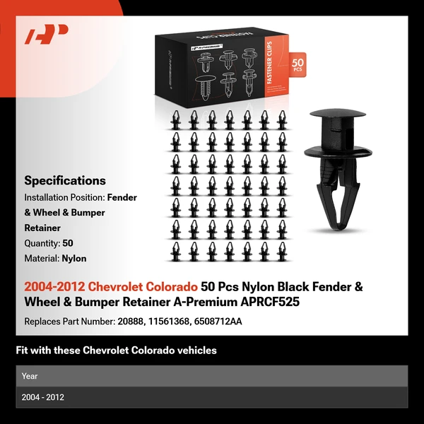 2004-2012 Chevrolet Colorado 50 Pcs Nylon Black Fender & Wheel & Bumper Retainer A-Premium APRCF525