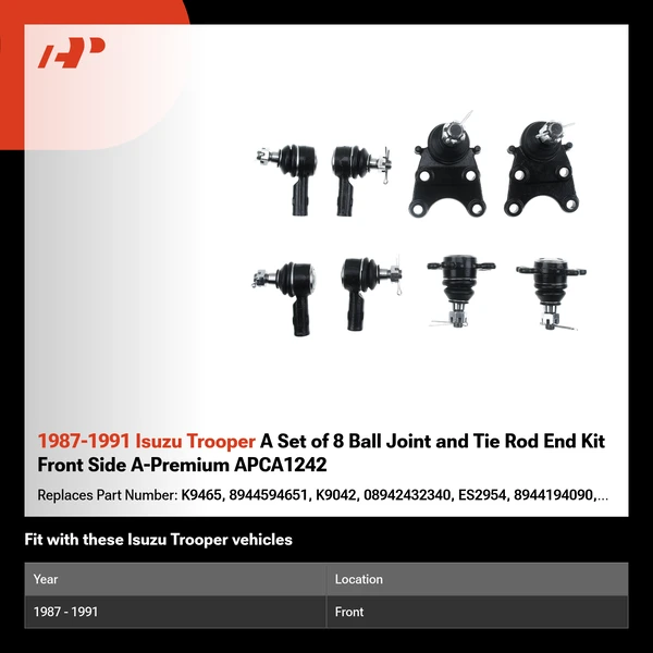 1987-1991 Isuzu Trooper A Set of 8 Ball Joint and Tie Rod End Kit Front Side A-Premium APCA1242