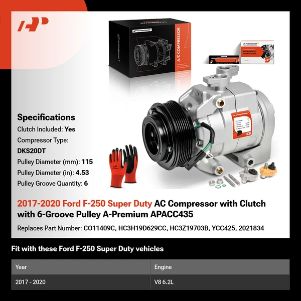 2017-2020 Ford F-250 Super Duty AC Compressor with Clutch with 6-Groove Pulley A-Premium APACC435