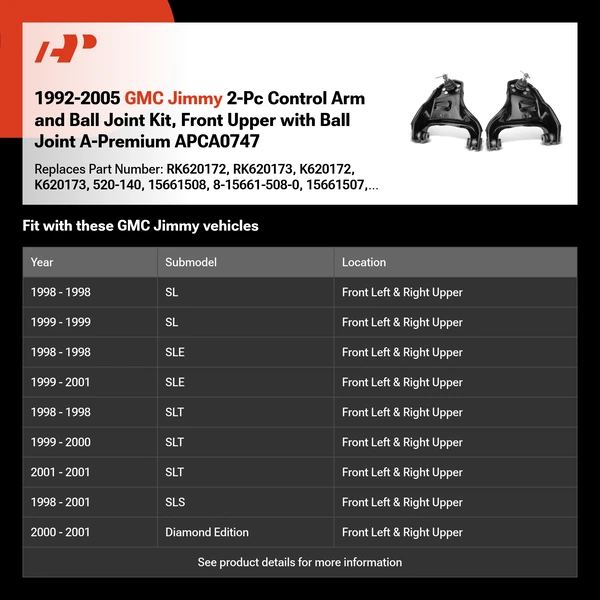 1992-2005 GMC Jimmy 2-Pc Control Arm and Ball Joint Kit, Front Upper with Ball Joint A-Premium APCA0747