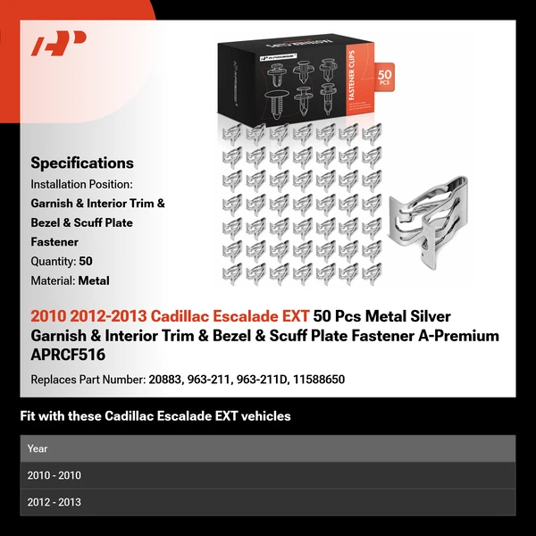 2010 2012-2013 Cadillac Escalade EXT 50 Pcs Metal Silver Garnish & Interior Trim & Bezel & Scuff Plate Fastener A-Premium APRCF516