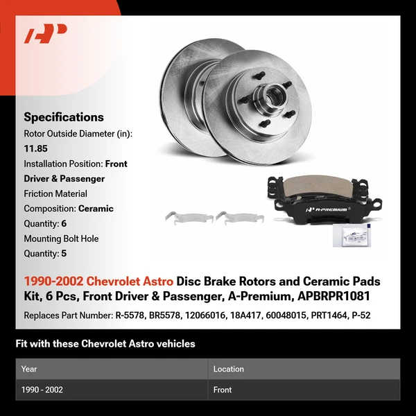 1990-2002 Chevrolet Astro Disc Brake Rotors and Ceramic Pads Kit, 6 Pcs, Front Driver & Passenger, A-Premium, APBRPR1081