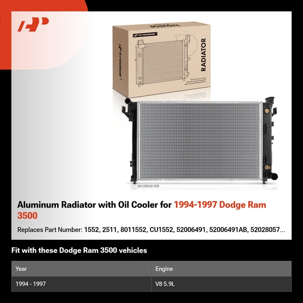 Aluminum Radiator with Oil Cooler for 1994-1997 Dodge Ram 3500