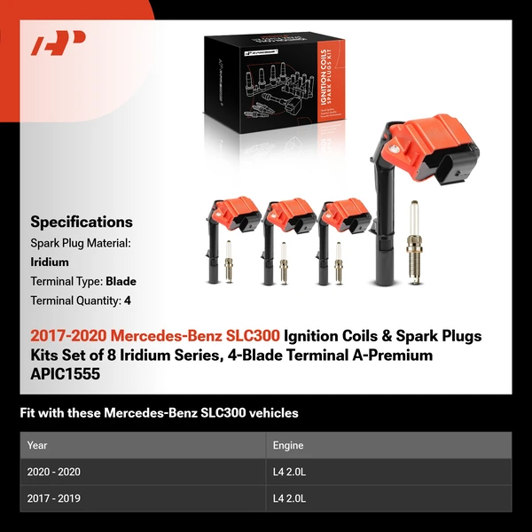 2017-2020 Mercedes-Benz SLC300 Ignition Coils & Spark Plugs Kits Set of 8 Iridium Series, 4-Blade Terminal A-Premium APIC1555