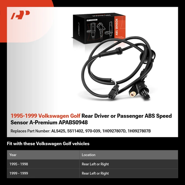 1995-1999 Volkswagen Golf Rear Driver or Passenger ABS Speed Sensor A-Premium APABS0948