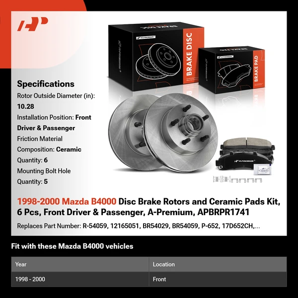 1998-2000 Mazda B4000 Disc Brake Rotors and Ceramic Pads Kit, 6 Pcs, Front Driver & Passenger, A-Premium, APBRPR1741
