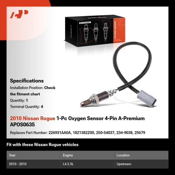 2010 Nissan Rogue 1-Pc Oxygen Sensor 4-Pin A-Premium APOS0635