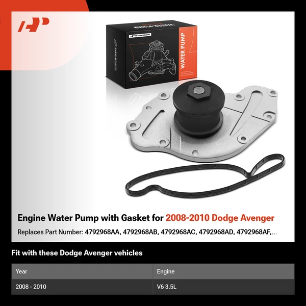 Engine Water Pump with Gasket for 2008-2010 Dodge Avenger