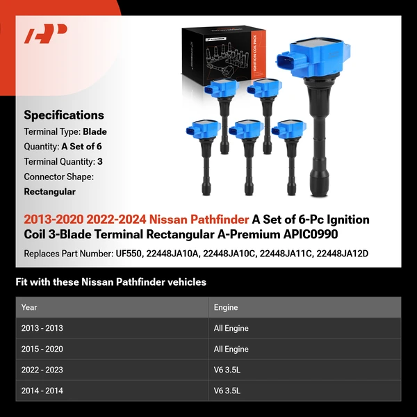 2013-2020 2022-2024 Nissan Pathfinder A Set of 6-Pc Ignition Coil 3-Blade Terminal Rectangular A-Premium APIC0990