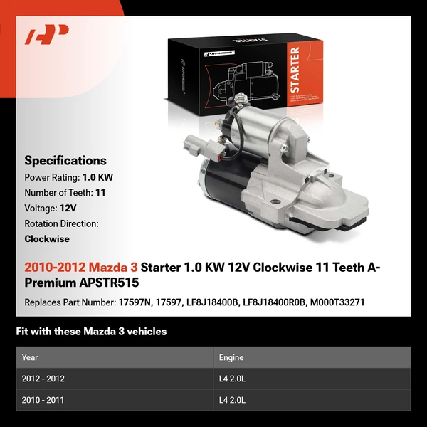 2010-2012 Mazda 3 Starter 1.0 KW 12V Clockwise 11 Teeth A-Premium APSTR515