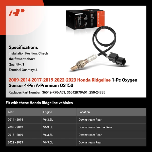 2009-2014 2017-2019 2022-2023 Honda Ridgeline 1-Pc Oxygen Sensor 4-Pin A-Premium OS150