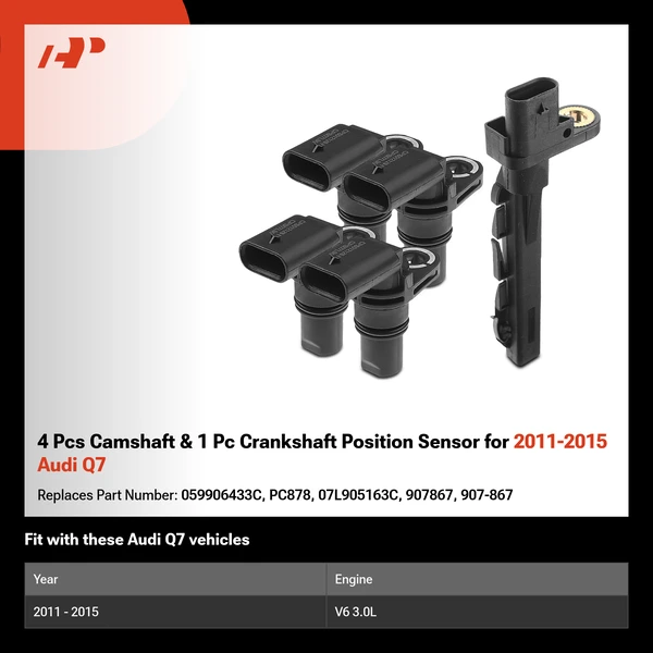 4 Pcs Camshaft & 1 Pc Crankshaft Position Sensor for 2011-2015 Audi Q7