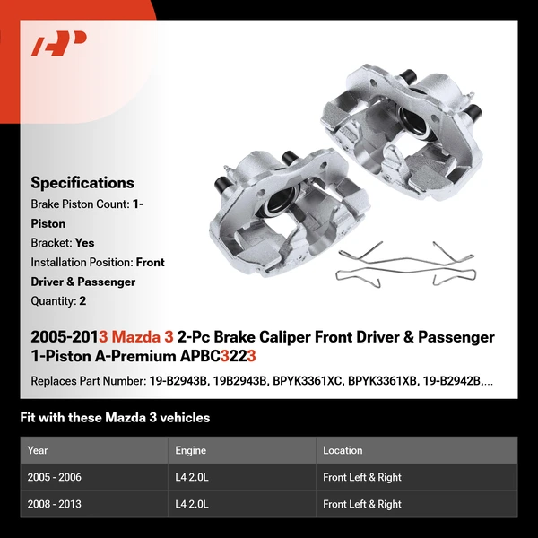 2005-2013 Mazda 3 2-Pc Brake Caliper Front Driver & Passenger 1-Piston A-Premium APBC3223