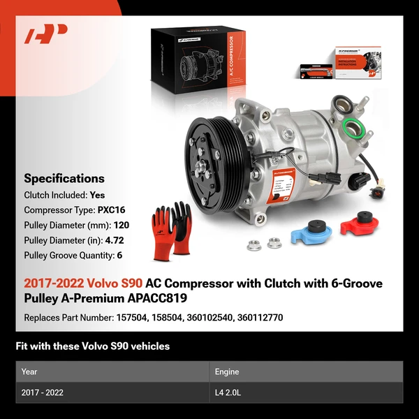 2017-2022 Volvo S90 AC Compressor with Clutch with 6-Groove Pulley A-Premium APACC819