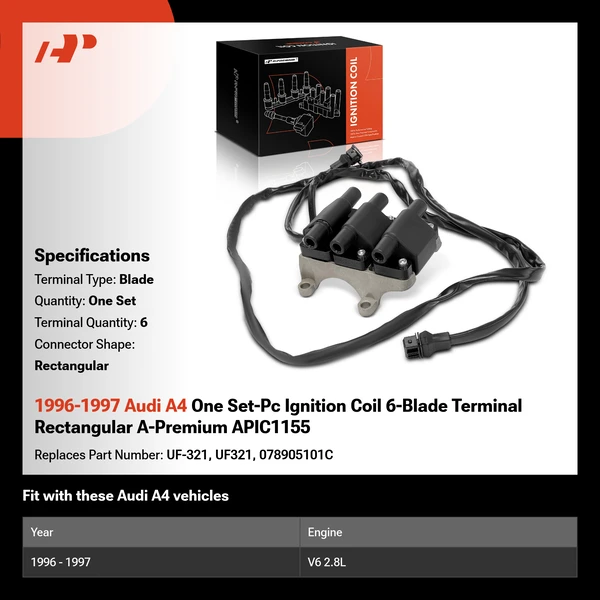 1996-1997 Audi A4 One Set-Pc Ignition Coil 6-Blade Terminal Rectangular A-Premium APIC1155