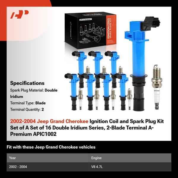 2002-2004 Jeep Grand Cherokee Ignition Coil and Spark Plug Kit Set of A Set of 16 Double Iridium Series, 2-Blade Terminal A-Premium APIC1002
