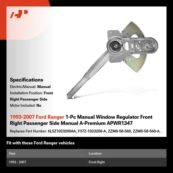 1993-2007 Ford Ranger 1-Pc Manual Window Regulator Front Right Passenger Side Manual A-Premium APWR1347