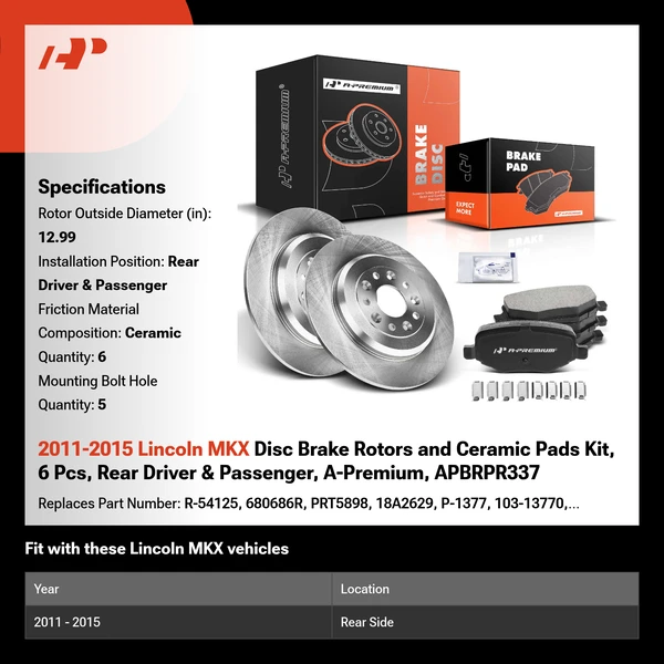 2011-2015 Lincoln MKX Disc Brake Rotors and Ceramic Pads Kit, 6 Pcs, Rear Driver & Passenger, A-Premium, APBRPR337