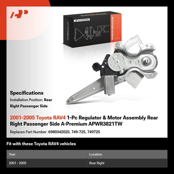 2001-2005 Toyota RAV4 1-Pc Regulator & Motor Assembly Rear Right Passenger Side A-Premium APWR3821TW
