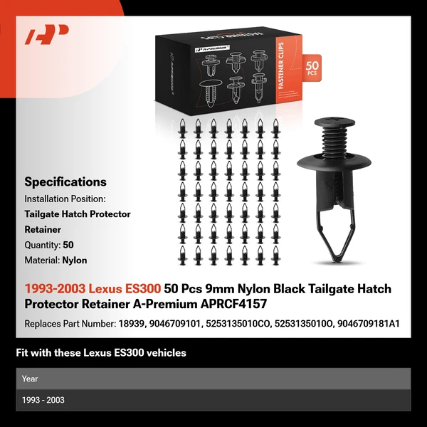 1993-2003 Lexus ES300 50 Pcs 9mm Nylon Black Tailgate Hatch Protector Retainer A-Premium APRCF4157