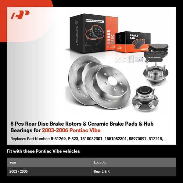 8 Pcs Rear Disc Brake Rotors & Ceramic Brake Pads & Hub Bearings for 2003-2006 Pontiac Vibe