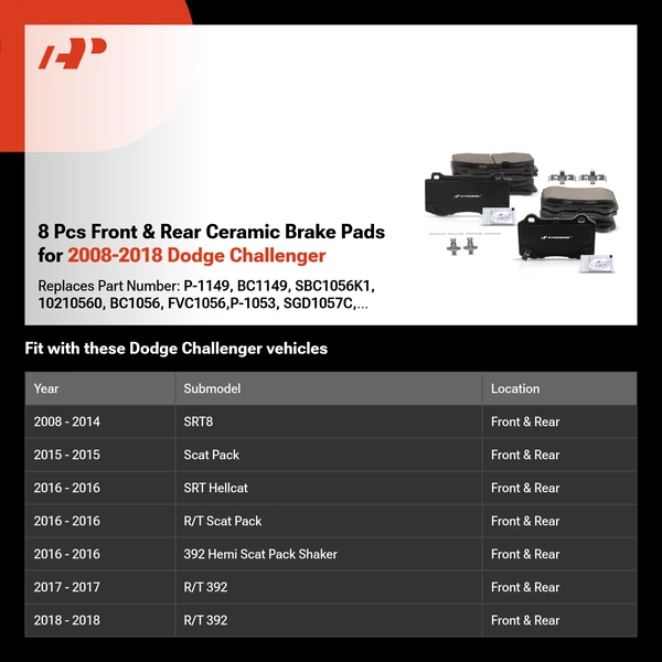 8 Pcs Front & Rear Ceramic Brake Pads for 2008-2018 Dodge Challenger