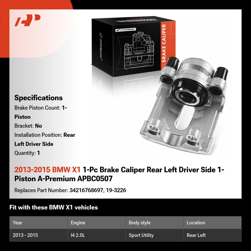 2013-2015 BMW X1 1-Pc Brake Caliper Rear Left Driver Side 1-Piston A-Premium APBC0507
