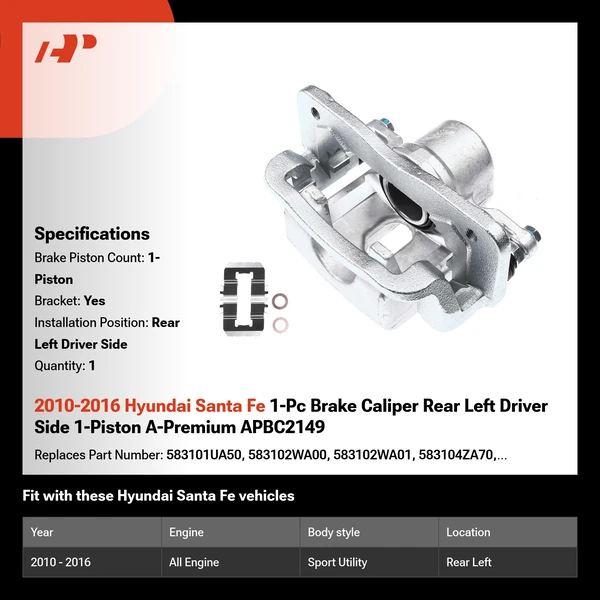 2010-2016 Hyundai Santa Fe 1-Pc Brake Caliper Rear Left Driver Side 1-Piston A-Premium APBC2149