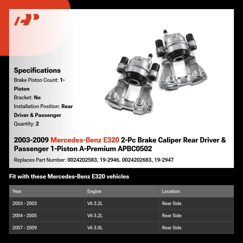 2003-2009 Mercedes-Benz E320 2-Pc Brake Caliper Rear Driver & Passenger 1-Piston A-Premium APBC0502