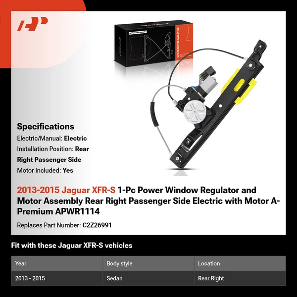2013-2015 Jaguar XFR-S 1-Pc Power Window Regulator and Motor Assembly Rear Right Passenger Side Electric with Motor A-Premium APWR1114