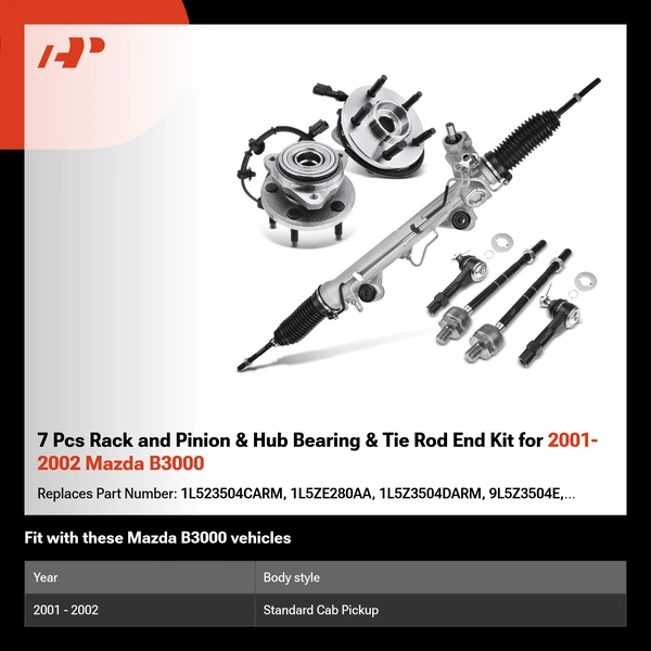 7 Pcs Rack and Pinion & Hub Bearing & Tie Rod End Kit for 2001-2002 Mazda B3000