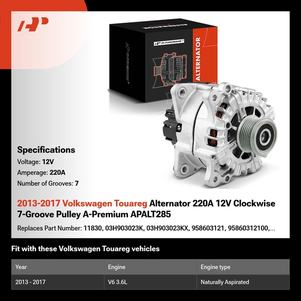 2013-2017 Volkswagen Touareg Alternator 220A 12V Clockwise 7-Groove Pulley A-Premium APALT285