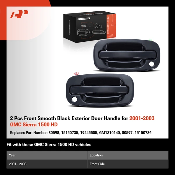 2 Pcs Front Smooth Black Exterior Door Handle for 2001-2003 GMC Sierra 1500 HD