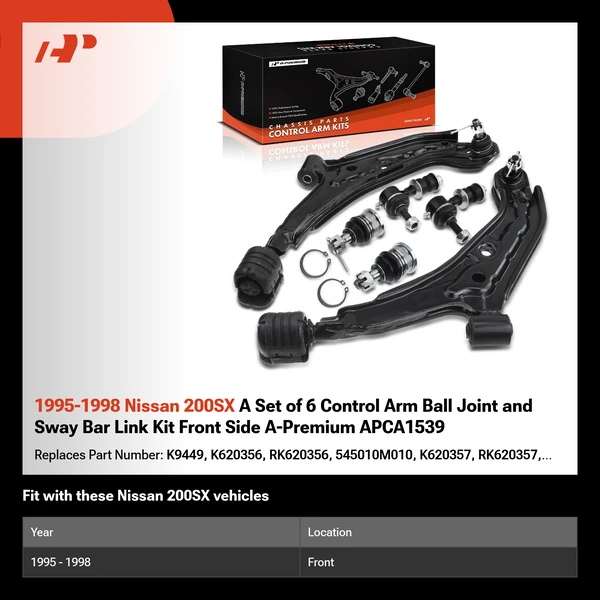 1995-1998 Nissan 200SX A Set of 6 Control Arm Ball Joint and Sway Bar Link Kit Front Side A-Premium APCA1539